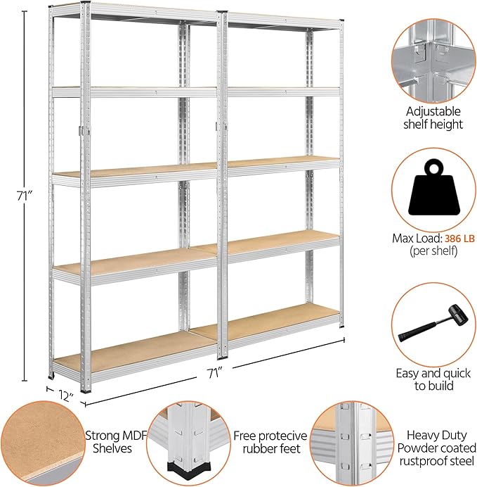 Yaheetech Standing Shelf Units, 5 Tier Storage Shelf, Heavy Duty Shelving, Adjustable Garage Shelves, Utility Rack Shelf Unit, Basement Warehouse Shed, 35.5″W× 12″D × 71″H - Silver