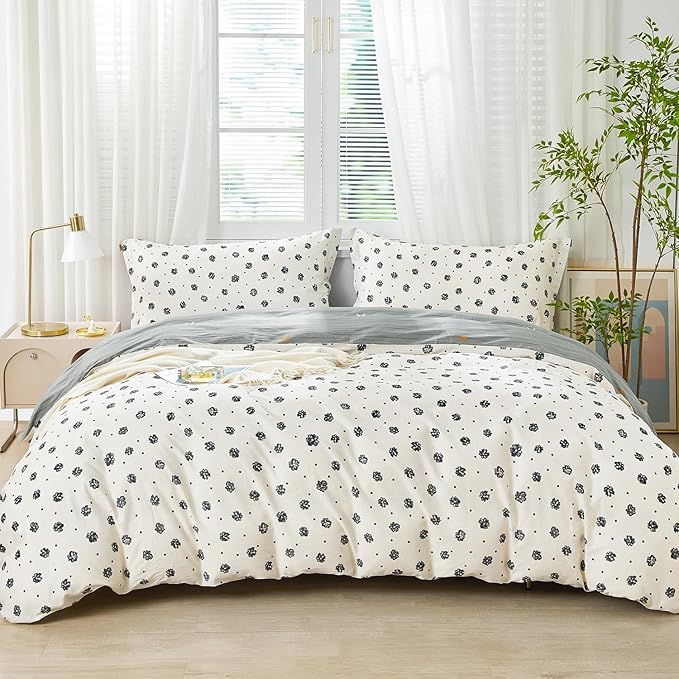 SAPHREAS Black Watercolor Floral Duvet Cover Set 3pcs King Size Botanical White Bedding Comforter Cover Set 100% Cotton 1 Duvet Cover 104"x90" 2 Pillow Shams, Comforter Not Included