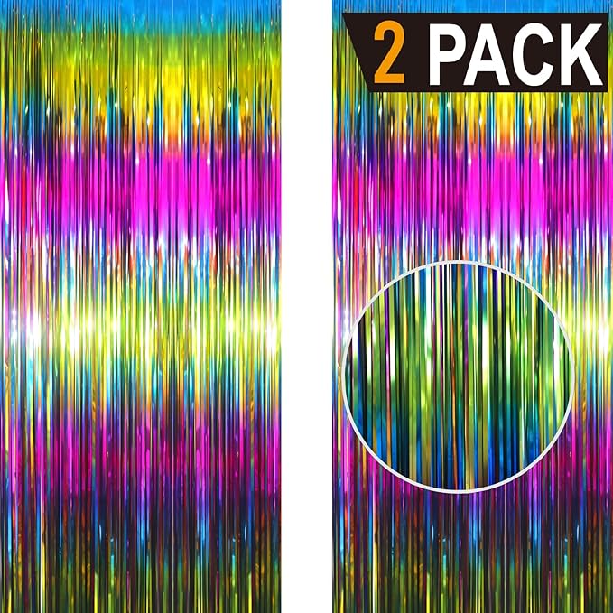 GOER 6.4 ft x 8.2 ft Metallic Tinsel Foil Fringe Curtains Party Photo Backdrop Party Streamers for Birthday,Graduation,New Year Eve Decorations Wedding Decor(2 Packs,Macaroon Rainbow)