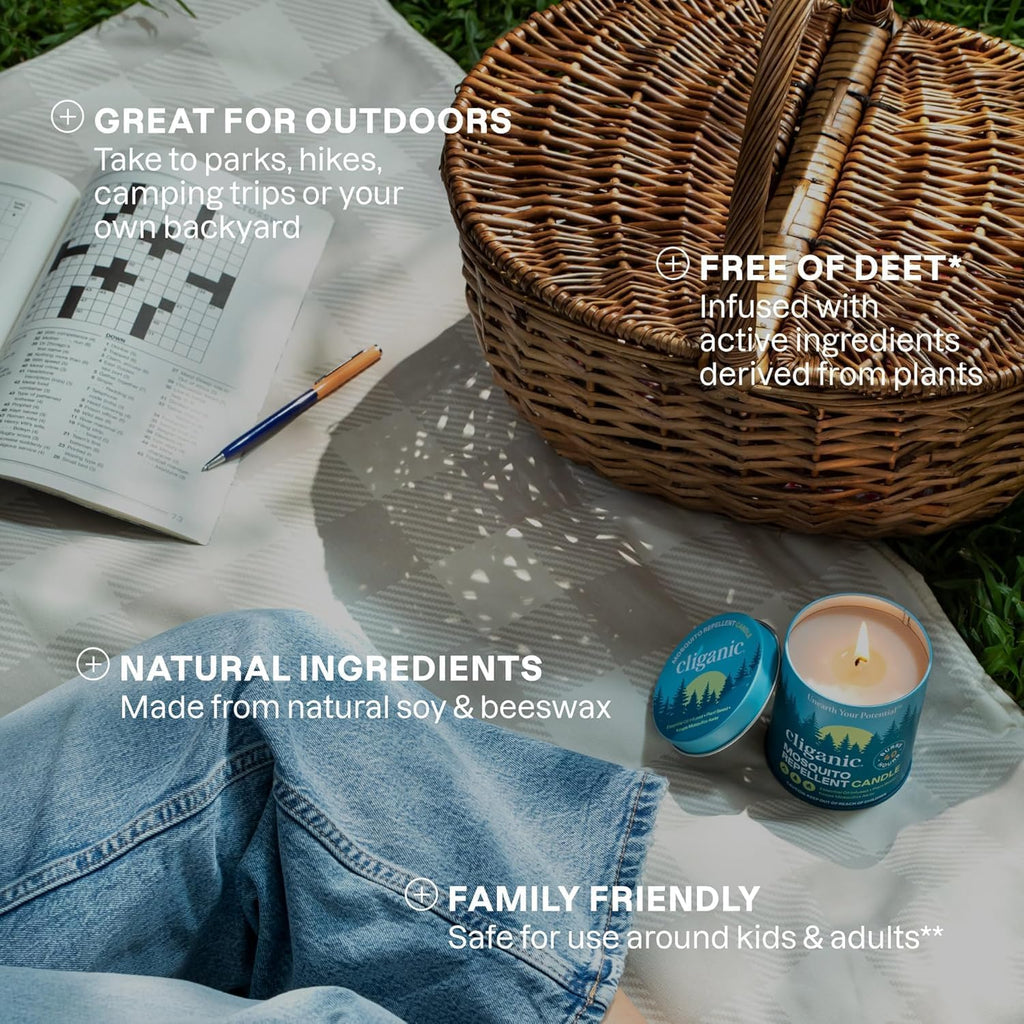 Cliganic Natural Mosquito Repellent Candle (Large 22oz, Pack of 2) | Citronella, DEET Free, Essential Oil Infused for Outdoor, Camping | Burns 40 Hours