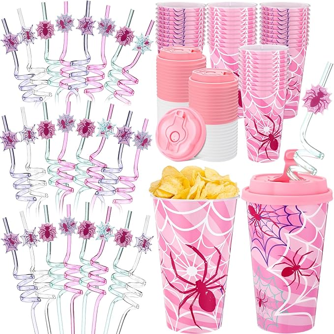 Yungyan 24 Sets Pink Spider Party Favors Goodie Cups with Lids and Straws for Halloween Party Decorations Reusable 16oz Plastic Candy Cups Plastic Straws for Birthday Gift (Pink Spider)