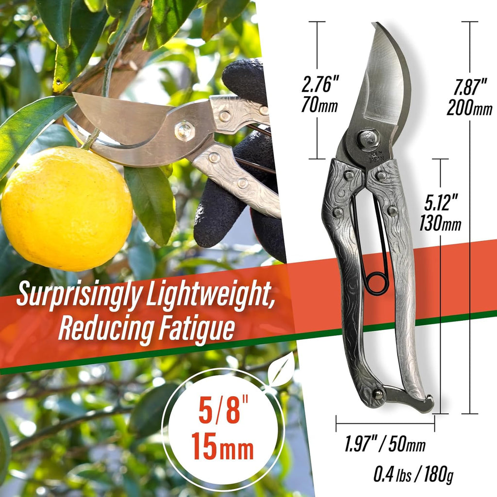 SUIZAN Bypass Pruning Shears 8” Forged Aluminum Handle - Professional Japanese Hand Pruners Garden Scissors Gardening Tools
