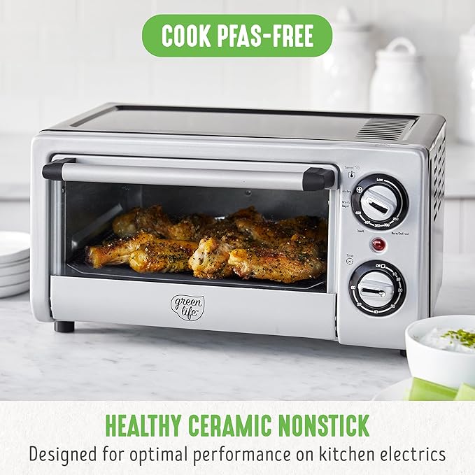 GreenLife Countertop Toaster Oven Air Fryer Stainless Steel, Healthy Ceramic Nonstick, PFAS and PFOA-Free, Tray & Basket, Bake, Broil, Reheat, Adjustable Temp & Time Control, Auto Shutoff, Black