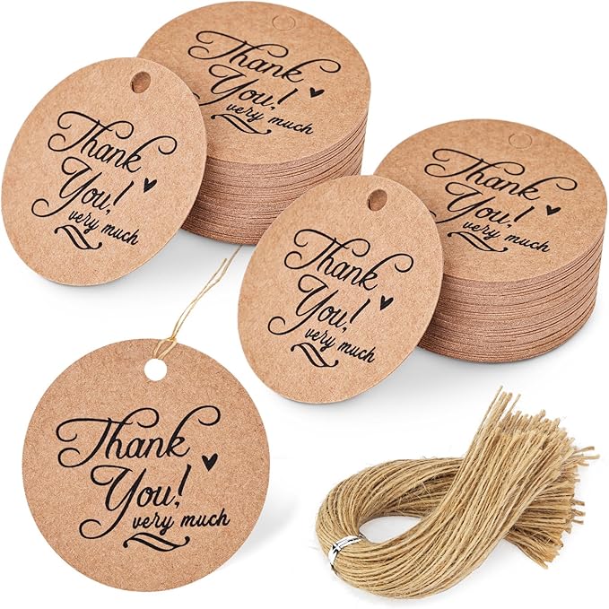 SallyFashion 120PCS Thank You Gift Tags, Round Brown Paper Tags with String 2inch Circle Labels for Birthday Wedding Party Gift Baby Shower