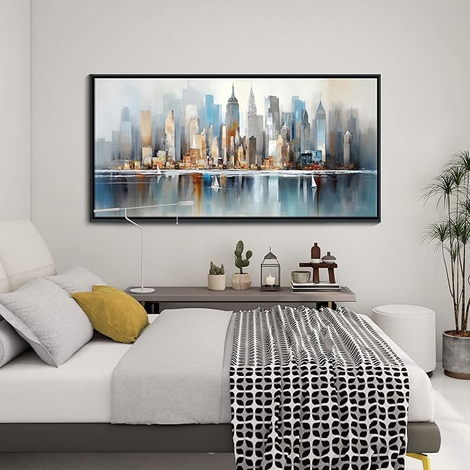DUNHUANG ART Modern New York City Skyline Wall Art - Abstract Colorful Manhattan Sky Painting for Home & Office Decor - Large Framed Cityscape Picture 24"x48"