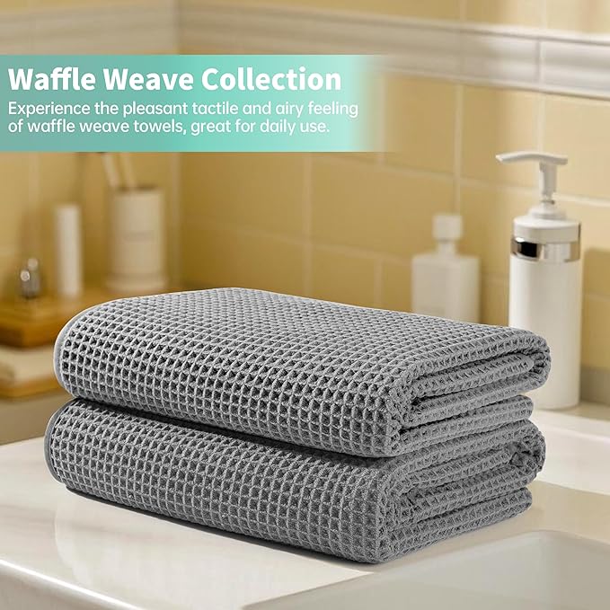 New Microfiber Waffle Bath Towels, 2 Pieces, Oversized, Soft, Absorbent, Fast Drying, Lint Free (Gray)