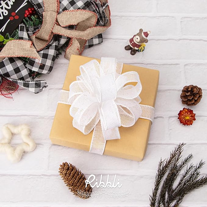 Ribbli White Burlap Wired Ribbon, 1” Inch x Continuous 20 Yard, White Wired Ribbon for Wreaths,Big Bows,Tree Decoration,Outdoor Decoration