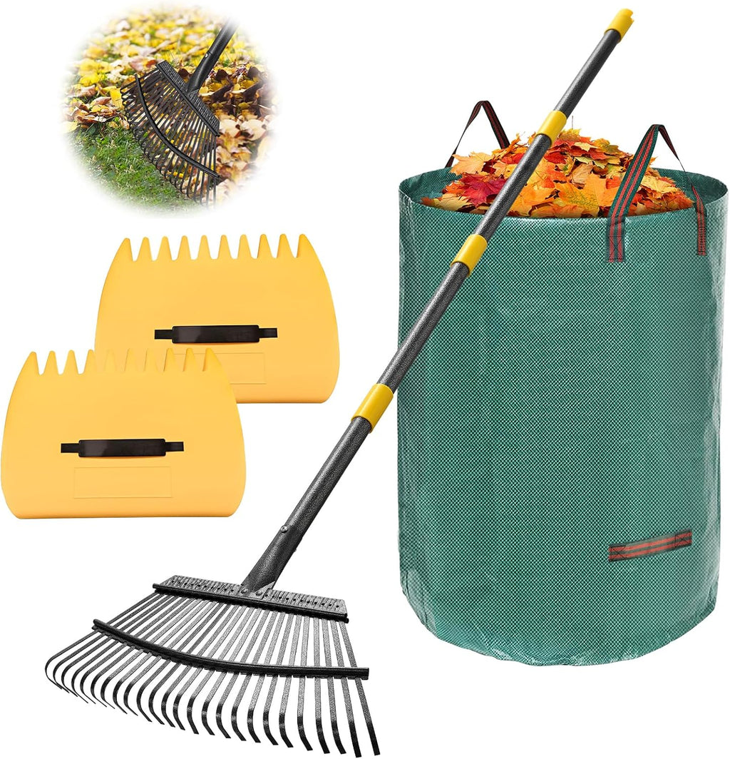 Rake for Leaves: Large 18" Wide Metal Leaf Rake, 65” Long Handle,25 Tines,Heavy Duty Graden Rakes Set for Lawn Yard Pine Needles Mulch Thatch Debris Cleanup Set with 32Gallon Leaf Bags and Scoops
