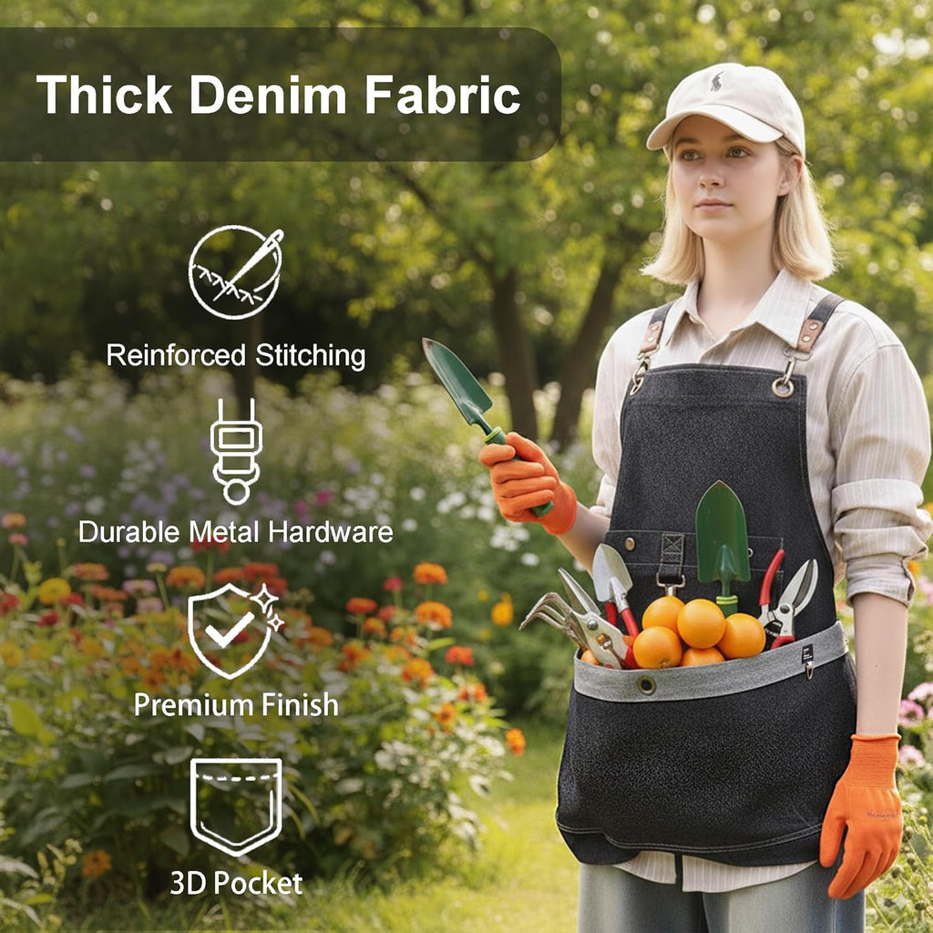 Gardening Apron – Denim Cross Back Garden & Harvest Apron with Adjustable Straps and Large Pockets for Women & Men