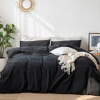 MooMee Bedding Duvet Cover Set 100% Washed Cotton Linen Like Textured Breathable Durable Soft Comfy (Solid Black, Oversized Queen 98"x98")