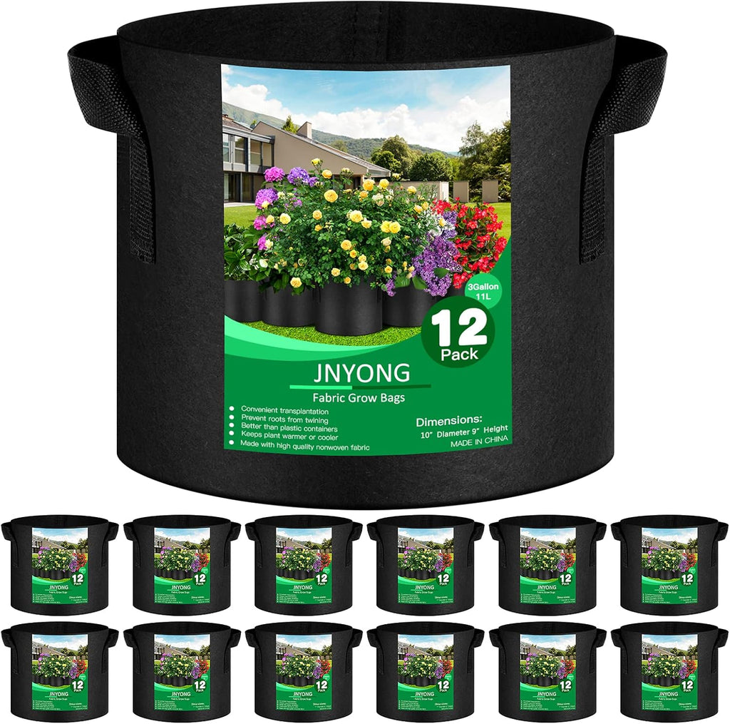 12-Pack 3 Gallon Thickened Non-Woven Grow Bags, Aeration Fabric Pots with Handles