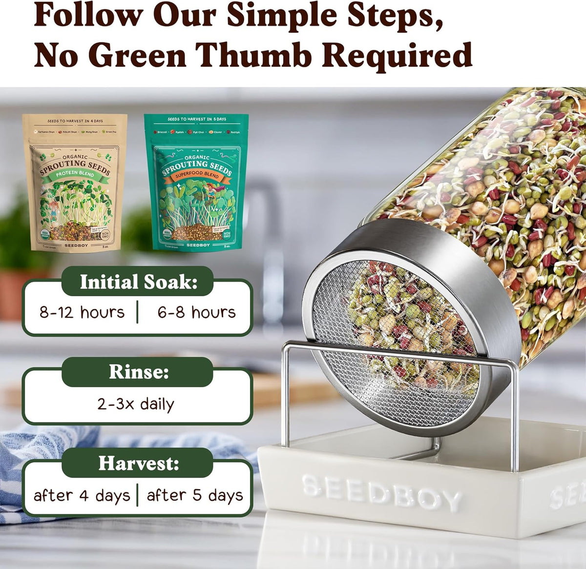 Seedboy Organic Non-GMO Sprouting Seeds, Superfood & Protein Blend – 2 Pack Bundle – USA Grown Sprouting & Microgreens Seeds – Two 8 oz Bags Makes 12 Quarts / 36 Servings (Superfood/Protein)