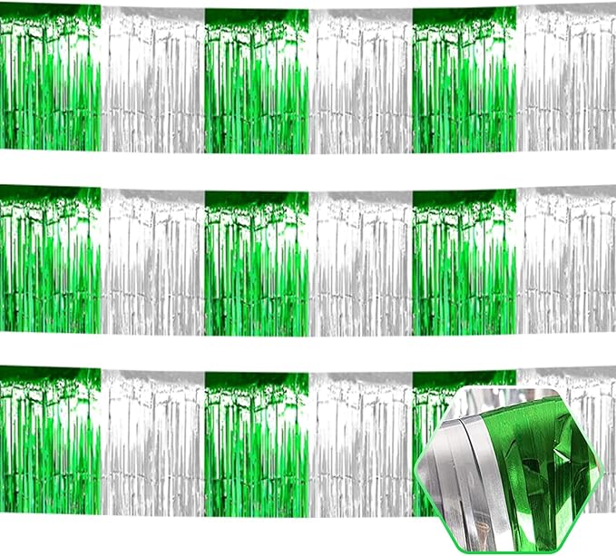3 Pack 10 Feet Silver Green Foil Fringe Garland Metallic Tinsel Streamers Banner Wall Hanging Curtain Backdrop for Parade Floats, Mother's Day, Wedding, Graduate, Easter, Birthday Party Decorations