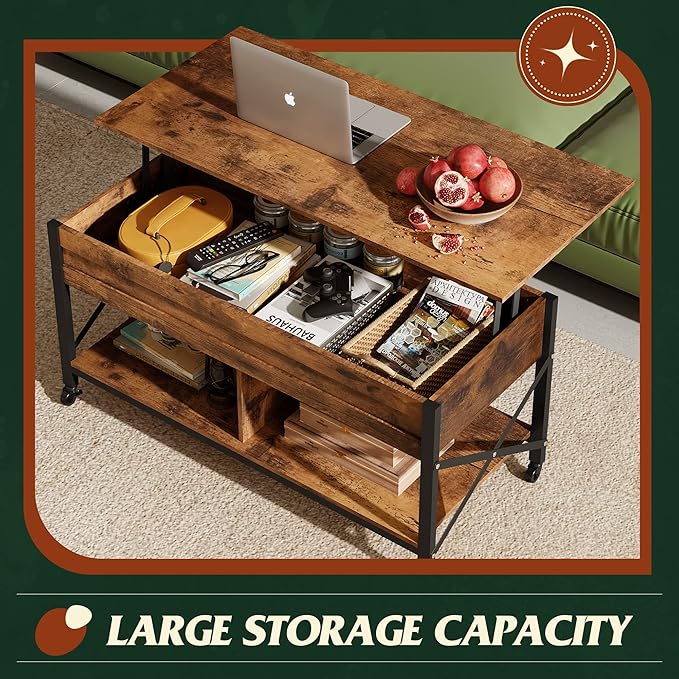 WLIVE Coffee Table, 41.3" Lift Top Coffee Table with 4 Wheels, Hidden Compartment, Storage Shelf and Lift Tabletop for Living Room, Reception Room, Rustic Brown