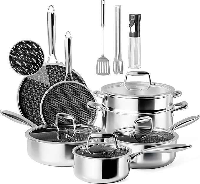 VONIKI Hybrid Tri-ply Stainless Steel Cookware Set, Pots And Pans Set Non Stick with Steamer Basket, Non Toxic Induction Cookware, Kitchen Cookware Sets PFOA & PTFE Free, Dishwasher and Oven Safe