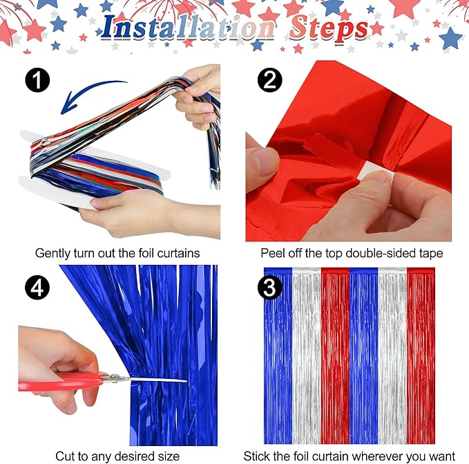 2 Pack 4th of July Party Supplies, 3.28 FT x 7.05 FT 4th of July Tinsel Backdrop, Blue Silver Red Color Fringe Curtains Streamer Backdrop, 4th of July Photo Backdrop Party Decorations