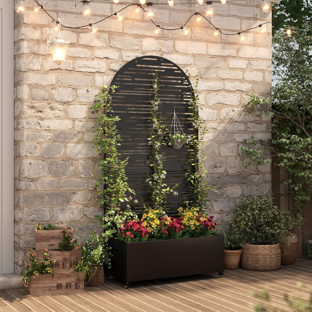Metal Raised Garden Bed with Trellis & Wheels,72" x 35"x 15.7" Planter Box with Trellis,Privacy Planters for Patio,Garden Bed for Climbing Plants,Suitable for Climbing Plants and Vegetables,Black