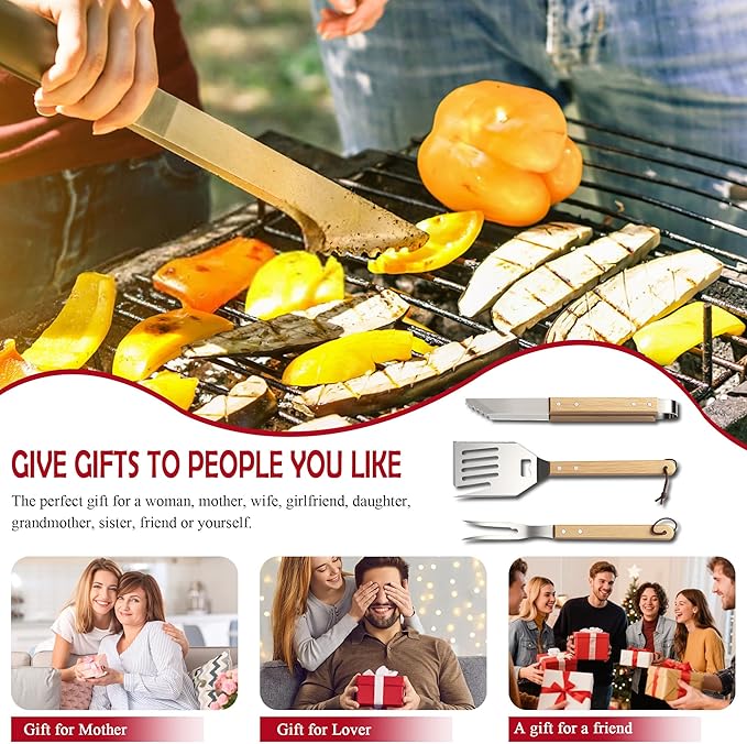 Heavy-Duty Grill Accessories BBQ Tool Sets Multi Functional Spatula with Knife Edge, Fork,Tongs, Bottle Opener Ash Wood Handle & Thick Stainless Steel Essential Accessories for Barbecue & Grill