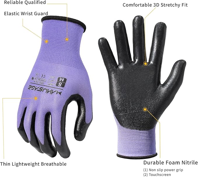 MANUSAGE Safety Work Gloves - Protective Glove for Men & Women - Ultrathin Hand Protection - For Construction, Gardening, Landscaping - Purple - Size XL - 6 Pairs