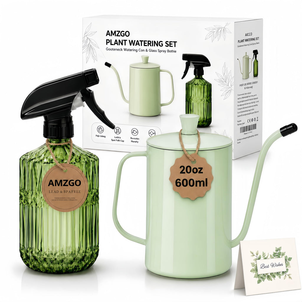 Amzgo 2 Pack Small Watering Can for Indoor Plants, 20 oz Metal Plant Watering Can with Long Spout for House Plants, 13.5 oz Glass Plant Mister Spray Bottle for Bonsai Garden Flowers Decorative
