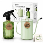 Amzgo 2 Pack Small Watering Can for Indoor Plants, 20 oz Metal Plant Watering Can with Long Spout for House Plants, 13.5 oz Glass Plant Mister Spray Bottle for Bonsai Garden Flowers Decorative