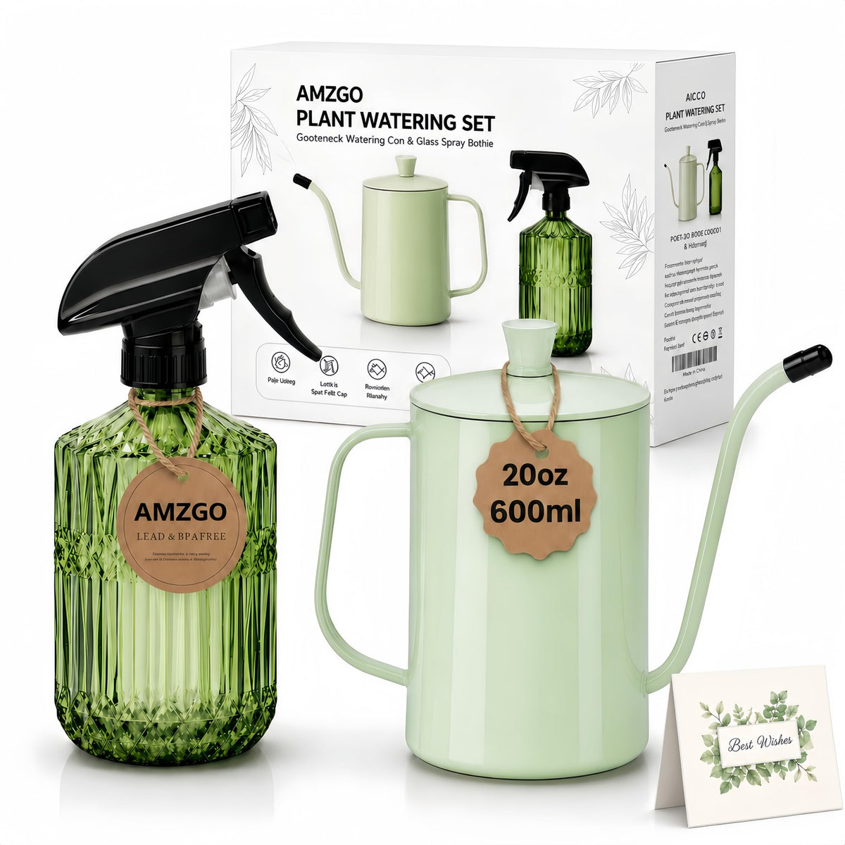 Amzgo 2 Pack Small Watering Can for Indoor Plants, 20 oz Metal Plant Watering Can with Long Spout for House Plants, 13.5 oz Glass Plant Mister Spray Bottle for Bonsai Garden Flowers Decorative