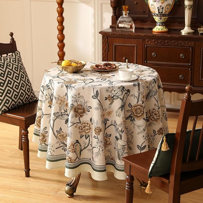 ISAENNE Designer Vintage Linen Round Table Cloth,Floral and Bird Pattern Elegant Tablecloth,Fall Wrinkle Resistant Home Decor Tablecloths for Dining Kitchen Christmas,Diameter 67"-Murad A