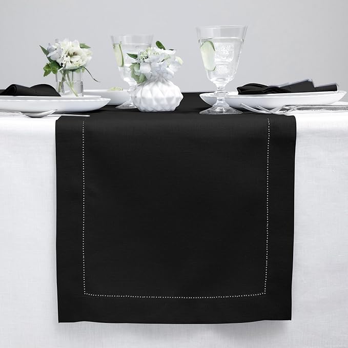 Solino Home Linen Black Table Runner 48 Inches - Classic Hemstitch, 100% Pure Linen Coffee Table Runner 14 x 48 Inch Ideal for Dresser Tables - Fall, Autumn, Halloween, Thanksgiving, Holiday