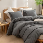BESTOUCH Duvet Cover Set 100% Washed Cotton Linen Feel Super Soft Comfortable Chic Lightweight 3 PCs Home Bedding Set Solid Dark Grey Queen