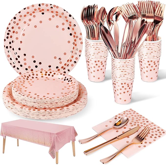 141 Pieces Pink and Rose Gold Party Supplies, Party Dinnerware Sets Include Paper Plates Napkins Cups Silverware, for Wedding Bridal Shower Engagement Birthday Parties Decoration -20 Serves
