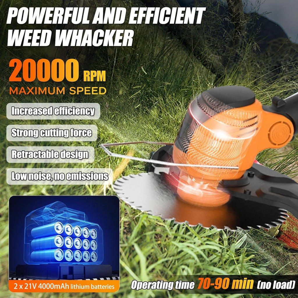 Electric Weed Wacker Eater Cordless String Trimmer Battery Powered, 21V/4000mAh Grass Trimmer Battery Operated Brush Cutter, 3 in 1 Lightweight Weed Trimmer/Lawn Edger/Trimmer Edger for Yard Garden