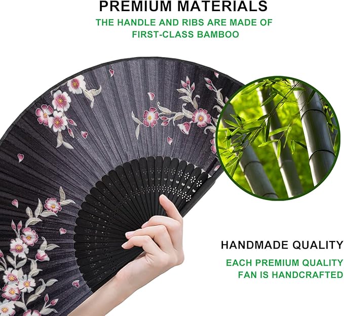 Amajiji 8.27"(21cm) Hand Held Bamboo Silk Folding Fan Hand Fan,Chinese/Japanese Charming Elegant Vintage Retro Style,Women Ladys Girls Best Gifts (Black Redbud)