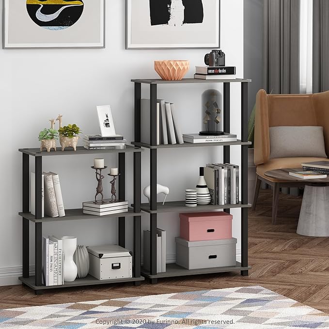Furinno Turn-S-Tube 3-Tier Compact Multipurpose Shelf Display Rack with Square Tube, French Oak Grey/Black
