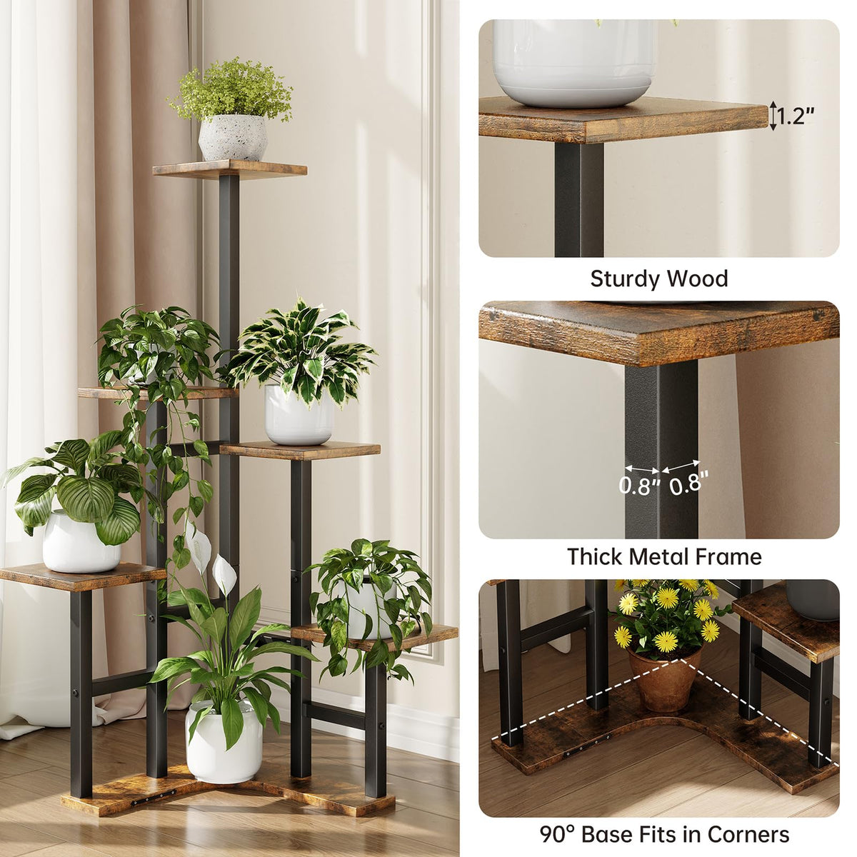 Yzosvki Corner Plant Stand Indoor, 6 Tiered Corner Plant Shelf Flower Stand for Multiple Plants, Plant Shelves Organizer Rack for Living Room, Balcony, Patio, Garden, Square Rustic Brown