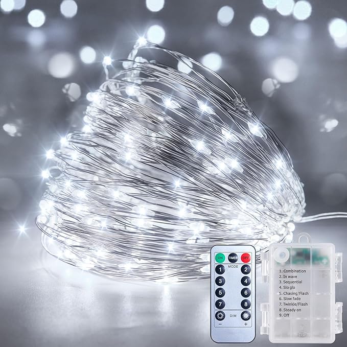 33Ft 100LED Outdoor String Lights, Pure White Fairy Lights Battery Operated with Remote, Waterproof Twinkle Lights for Bedroom Dorm Patio Tapestry Backyard Garden Party Indoor Christmas Decoration