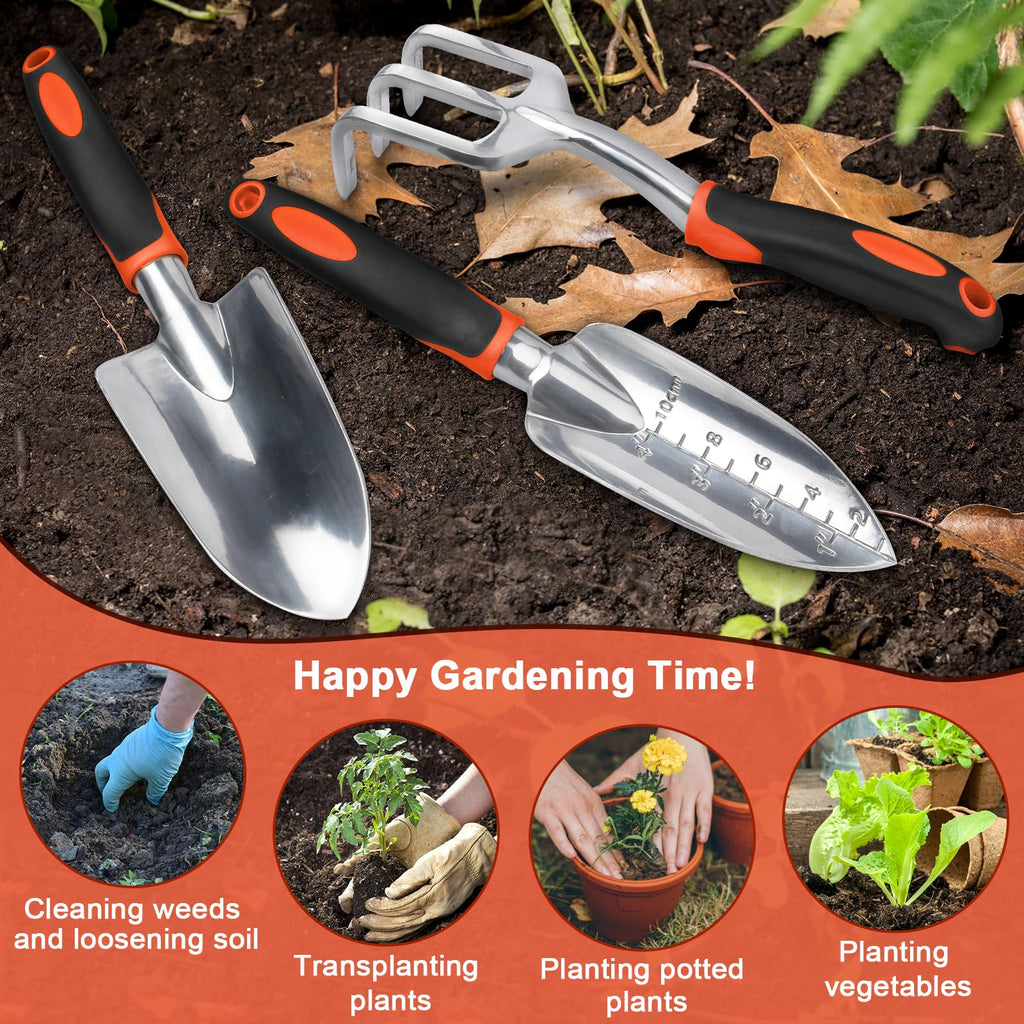 Garden Tools Set, 3 Pack Heavy Duty Gardening Tools Set Include Garden Shovel, Transplant Trowel and Hand Rake with Ergonomic Handle, Aluminum Alloy Lawn for Planting, Orange