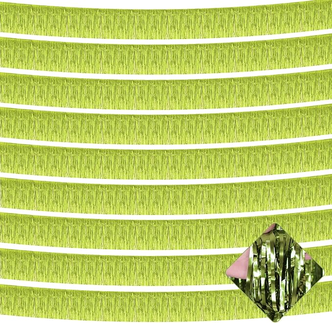 10 Pack 10 Feet Foil Fringe Garland Metallic Tinsel Streamers Banner Wall Hanging Curtain Backdrop for Parade Floats, Wedding, Disco, Birthday, St Patrick Day, Christmas Party Decorations(Light Green)
