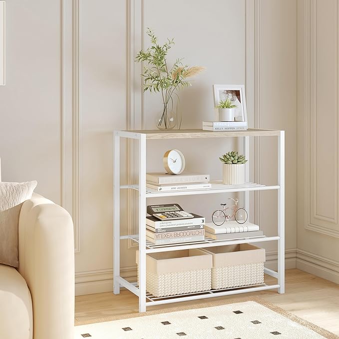 Yusong Shoe Rack Organizer, 4 Tier Industrial Shoe Storage Shelf for Closet Entryway, Narrow Sturdy Metal Shoe Shelves, White