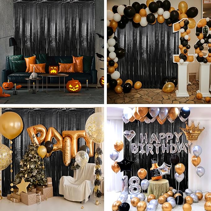 Crosize 4 Pack 3.3 x 9.9 ft Black Foil Fringe Backdrop Curtain, Streamer Backdrop Curtains, Streamers Birthday Party Decorations, Tinsel Curtain for Parties, Photo Booth Backdrops, Party Décor