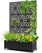 Metal Raised Garden Bed with Trellis, 2 in 1 Trellis with Planter Box & Privacy Screen for Climbing Plants, Vine, Outdoor Standing Flower Beds with Drainage Holes,47.2"L x 16.7"W x 70.8"H,(Black-Star)