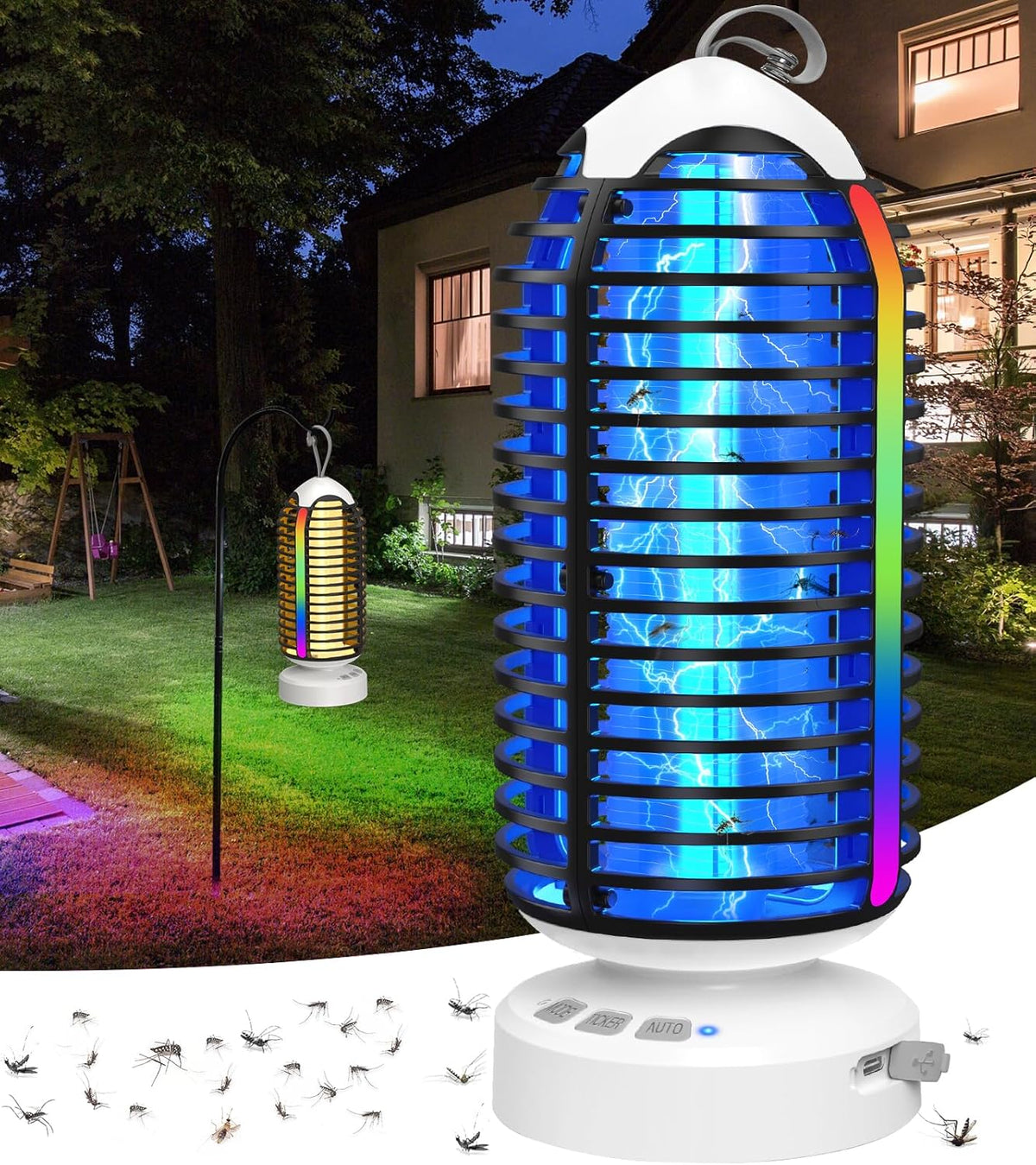 Bug Zapper Outdoor with Colorful Lighting and Auto-Sensing, 3 in 1 Cordless 4000mAh Battery Electric Fly Trap, Rechargeable Mosquito Zapper for Camping, Patios, Garden, Kitchen (2Pack-Black)