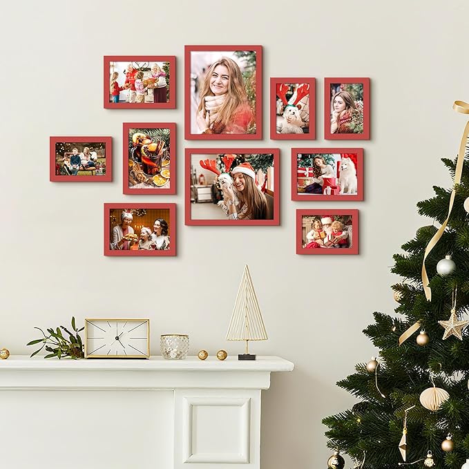 upsimples 10 Pack Picture Frames Collage Wall Decor for Mounting or Tabletop Display, Photo Gallery Frame Set for Family, Multi Sizes Including 8x10, 5x7, 4x6, Red