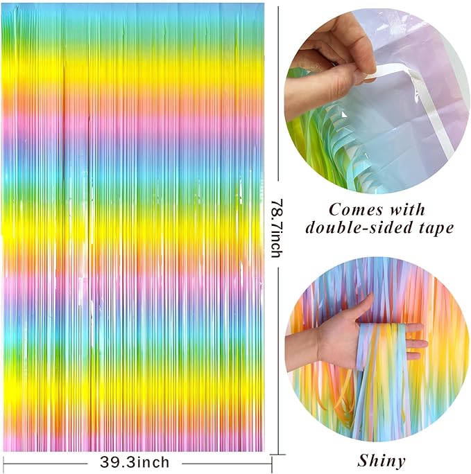 Pastel Rainbow Foil Fringe Curtain Streamers Party Backdrop Foil Fringe Backdrop Curtains Tinsel Streamers for Birthday Party Decorations