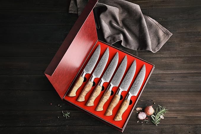 HEZHEN 6PCS Kitchen Knife Set Professional Forged Damascus High Carbon Steel Steak Knife Figured Sycamore Wood Handle-Porcelain Gift Package