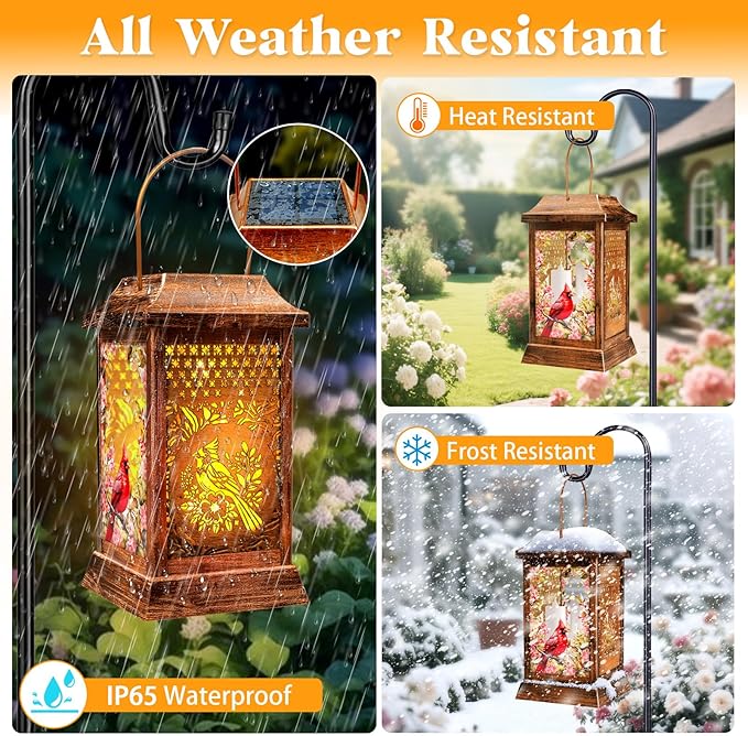 Cardinal Solar Lanterns Outdoor Waterproof, Metal & Glass Hanging Lights Garden Decor, Birthday Gifts for Women Mom Grandma Mothers Day, Decorative Lights for Outside Yard Patio Backyard Porch