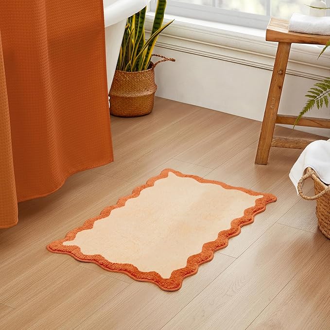 MONDAY MOOSE Bath Mat with Scalloped Wavy Ripple Design, Microfiber Absorbent Non Slip Tufted Rug for Floor, Shower or Kitchen (20x32 inch, Orange)