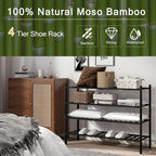 Long Shoe Rack, 4-Tier Bamboo Stackable Shoe Shelf Storage Organizer, Shoe Stand for Closet, Entryway and Hallway(Black)