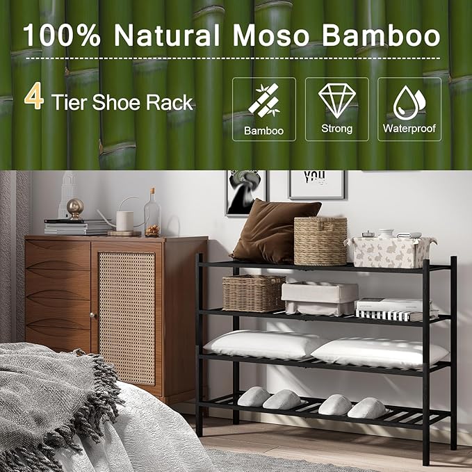 Long Shoe Rack, 4-Tier Bamboo Stackable Shoe Shelf Storage Organizer, Shoe Stand for Closet, Entryway and Hallway(Black)