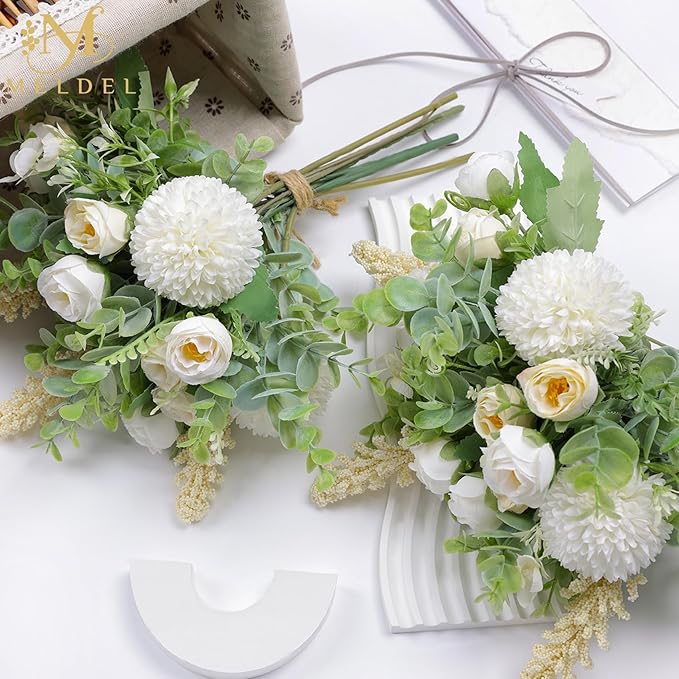 Meldel 3Pcs Rose Bouquet White&Champagne Artificial Flowers Eucalyptus Plants Silk Flower Arrangements Wedding Bouquets Decorations Plastic Floral Centerpieces for Home Kitchen Garden Party Decor