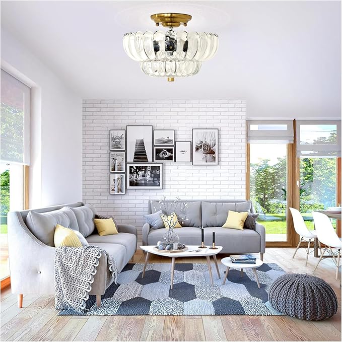 Ceiling Lights Semi Flush Mount Ceiling Light White Glass Light Gold Base Modern Light Fixture for Hallway Living Room Kitchen Bedroom 3 Bulbs(Bulb Not Included)
